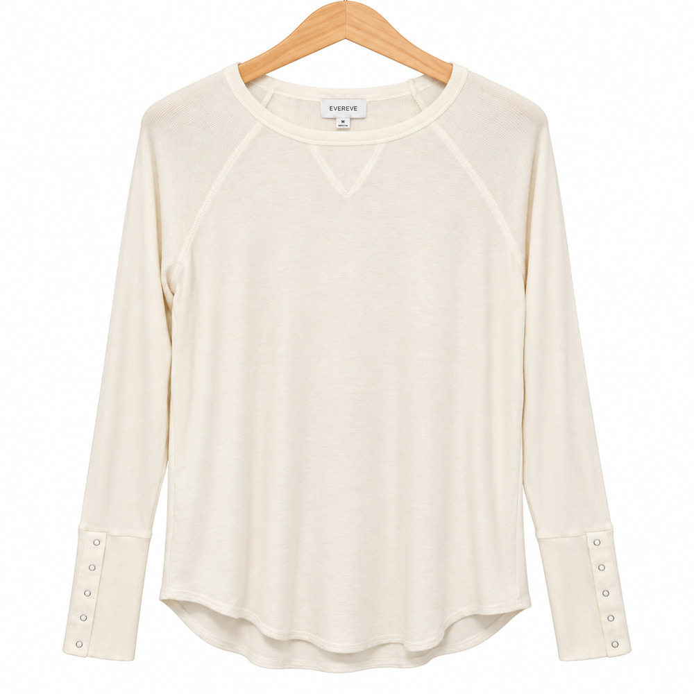Evereve Sophie Snap Cuff Tee Womens Size Medium White Ribbed Long Sleeve NWT